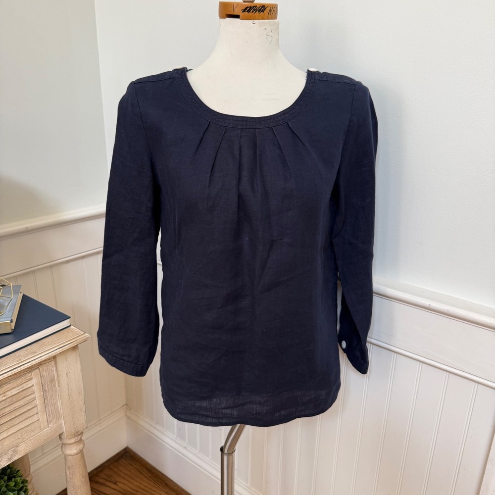 J.Crew Navy Blue 100% Linen Pleated Scoop Neck 3/4 Sleeve Blouse Top XS
